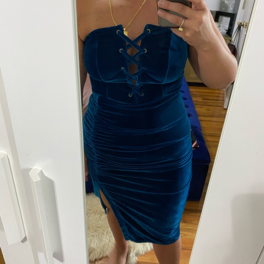 BlueTeal Velvet Ruched Midi Dress